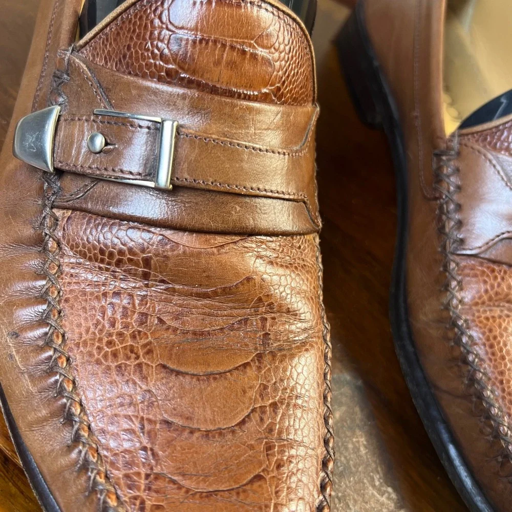 Vintage Boot Loafers Ostrich Embossed Buckle Strap Moc Toe 11 M Brown Dress